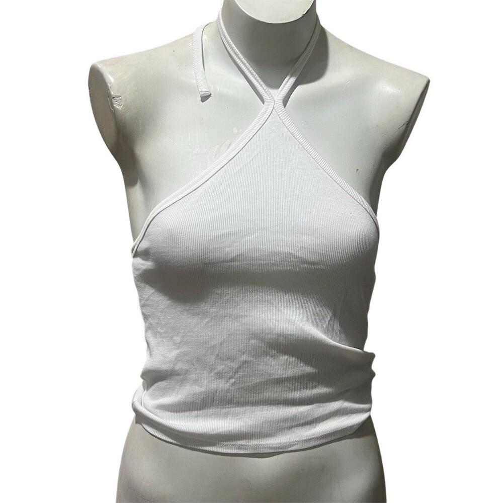 Madewell Tank Top Womens M White Ribbed Halter Neck Sleeveless Stretch